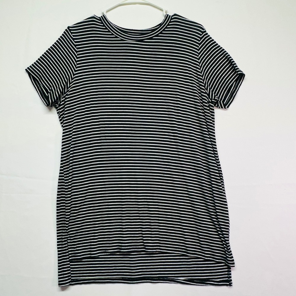 Ginger G Women's Black & White Striped Short Sleeve Tunic Crew Neck Hi Low Hem S